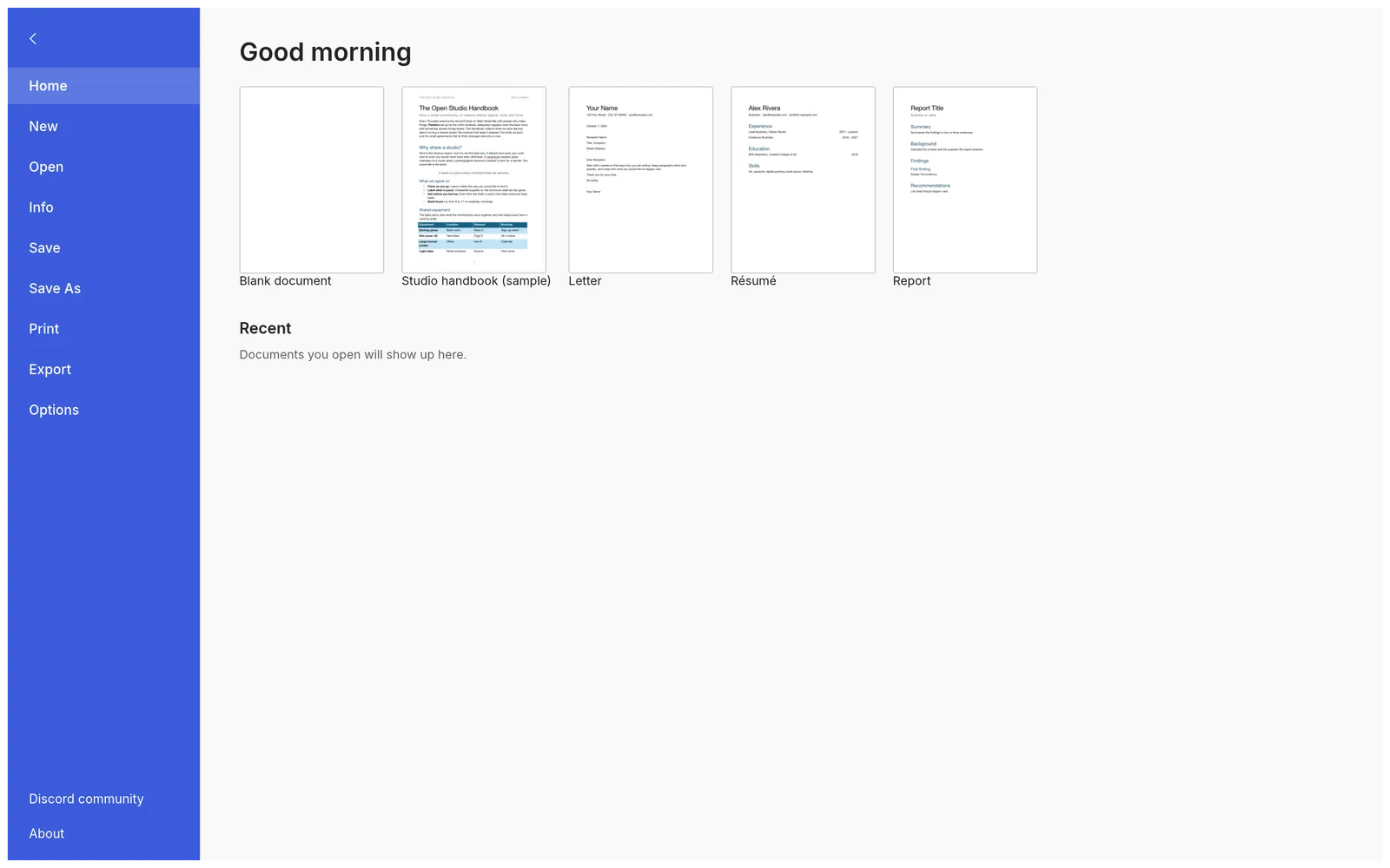 The File tab start page with thumbnails of the Blank document, Studio handbook, Letter, Résumé and Report templates