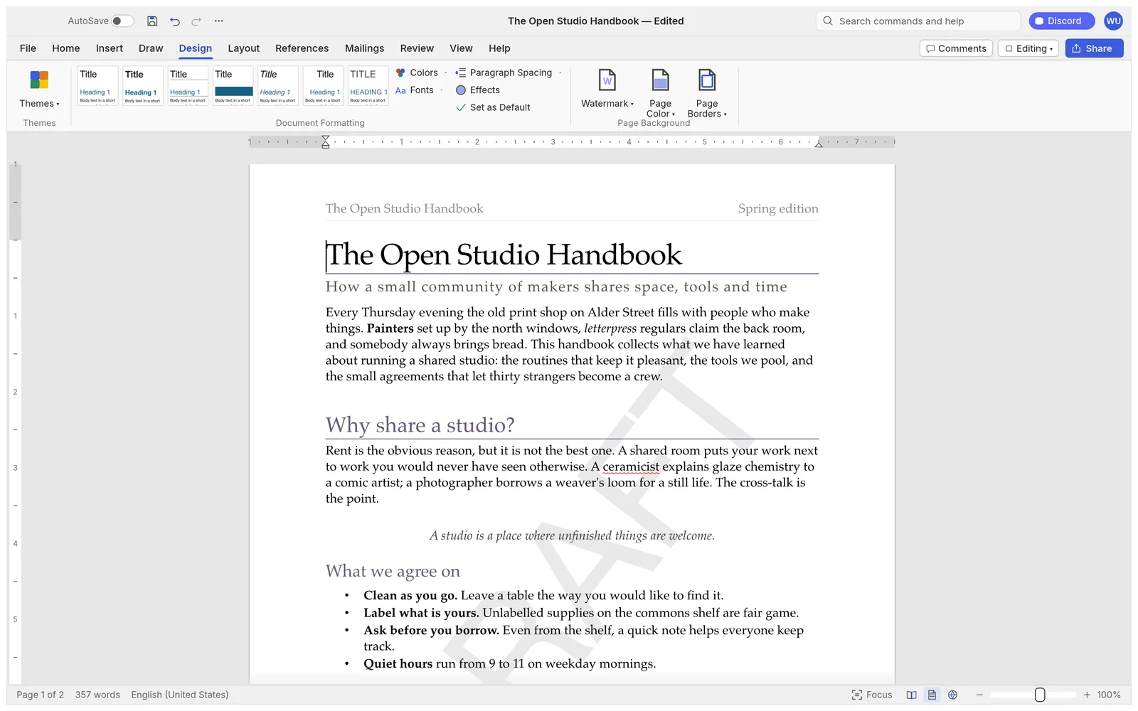 The Design tab with style-set previews; the document uses a serif theme with plum headings and a pale diagonal DRAFT watermark