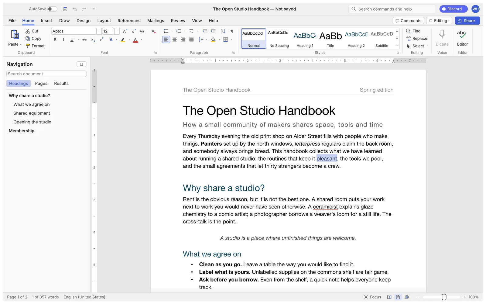 WordCraft with the Home tab of the ribbon open over a document titled The Open Studio Handbook, the Navigation pane listing its headings and the Styles gallery showing Normal, Heading 1, Title and Subtitle
