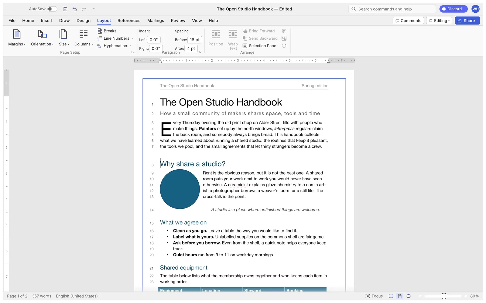 The Layout tab at 80% zoom: a three-line drop cap, a circle with text wrapping around it, a hyphenated line end, line numbers in the margin and a page border