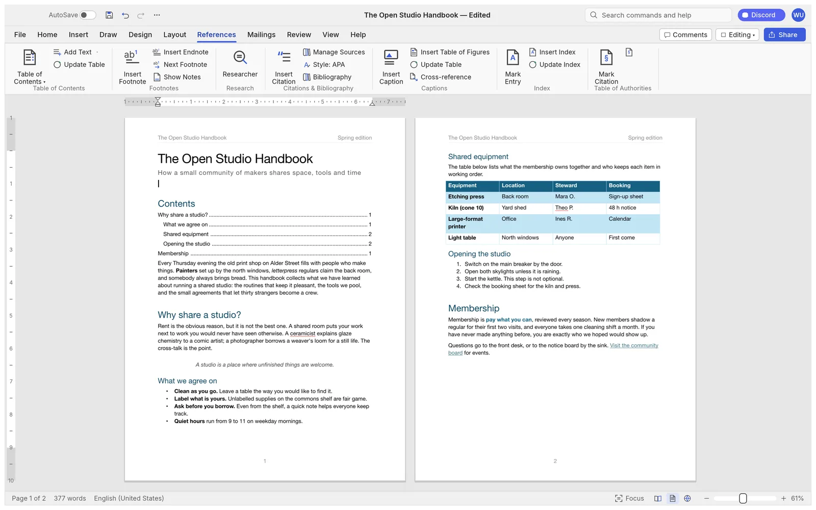 The References tab with two pages side by side: a table of contents with dotted leaders and page numbers, and a styled table, a numbered list and a hyperlink