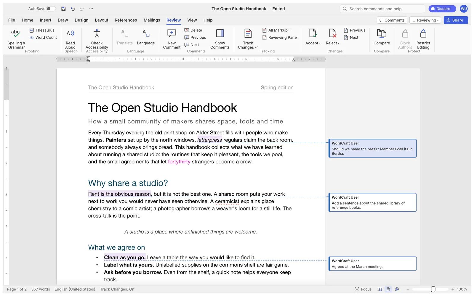 The Review tab with Track Changes on: an inserted word in magenta, a deleted word struck through, and three comments in balloons in the margin